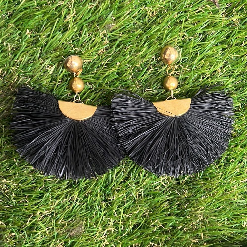 Black Fan Dangle Earrings - Gold Post Stud w Backs - NEW - Drop Earring